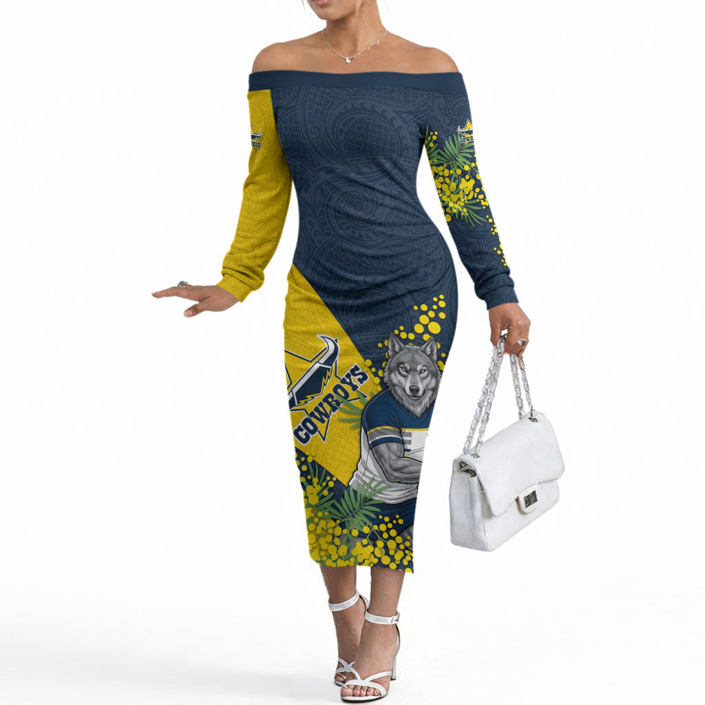 North Queensland Cowboys Off The Shoulder Long Sleeve Dress Golden Wattle Floral Polynesian - Australian Flower - Rugby Mascot