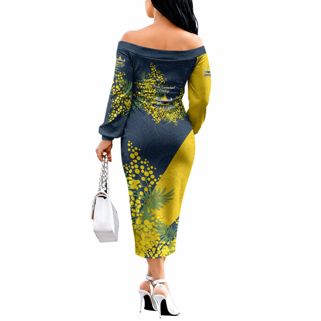 North Queensland Cowboys Off The Shoulder Long Sleeve Dress Golden Wattle Floral Polynesian - Australian Flower - Rugby Mascot