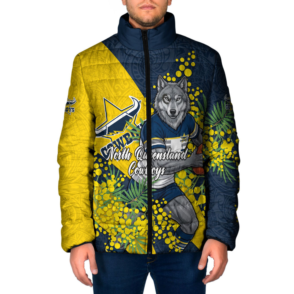 North Queensland Cowboys Padded Jacket Golden Wattle Floral Polynesian - Australian Flower - Rugby Mascot