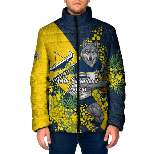 North Queensland Cowboys Padded Jacket Golden Wattle Floral Polynesian - Australian Flower - Rugby Mascot