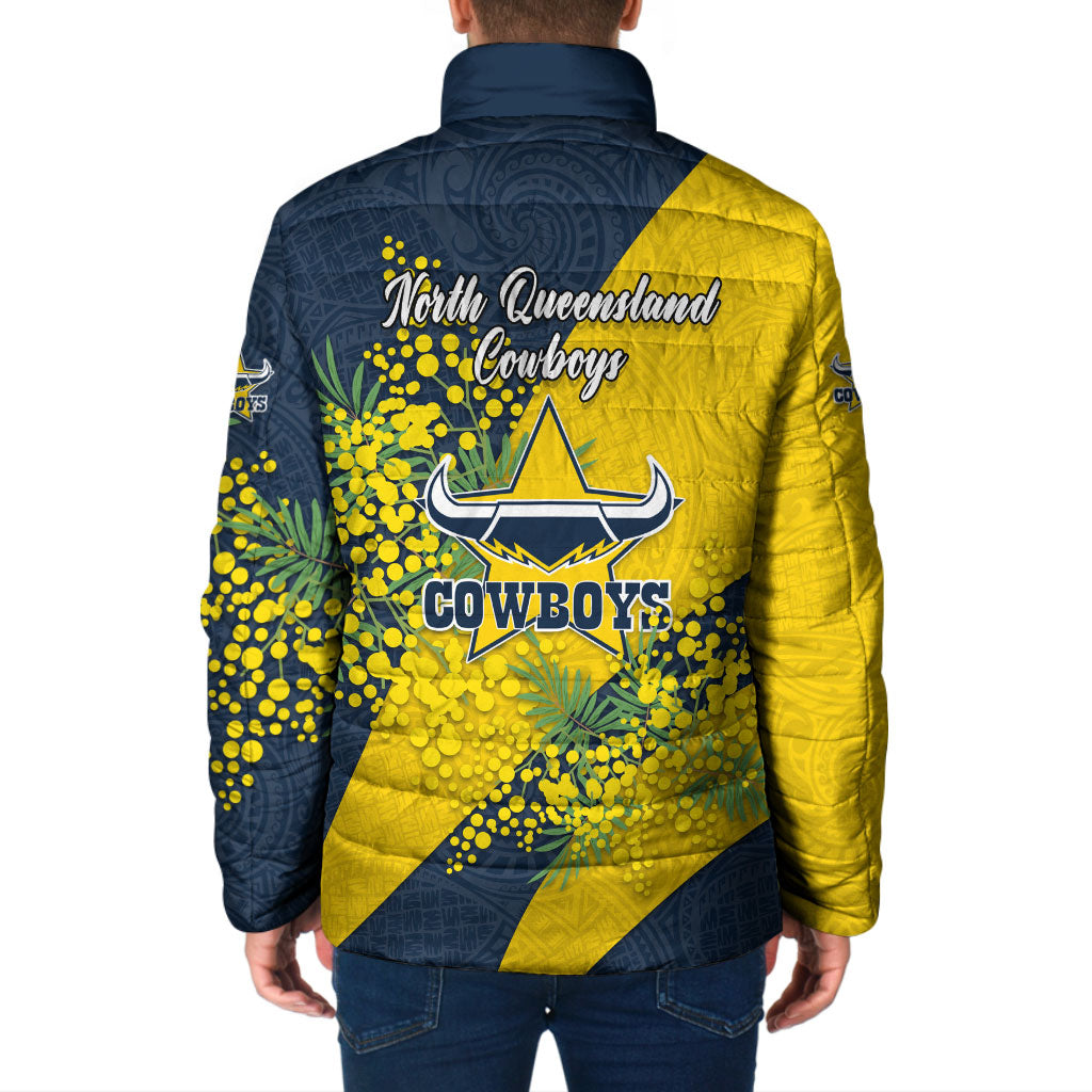 North Queensland Cowboys Padded Jacket Golden Wattle Floral Polynesian - Australian Flower - Rugby Mascot