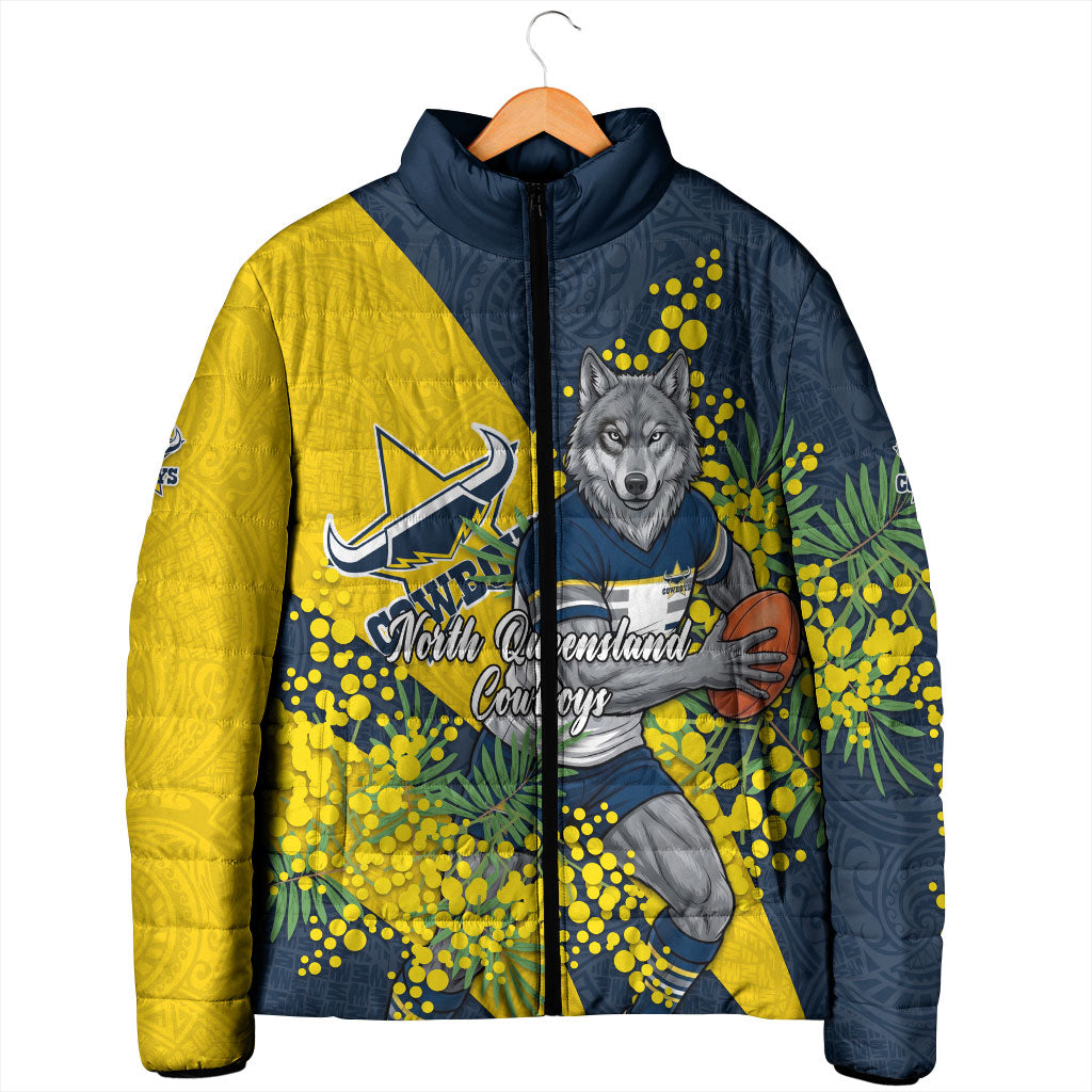 North Queensland Cowboys Padded Jacket Golden Wattle Floral Polynesian - Australian Flower - Rugby Mascot
