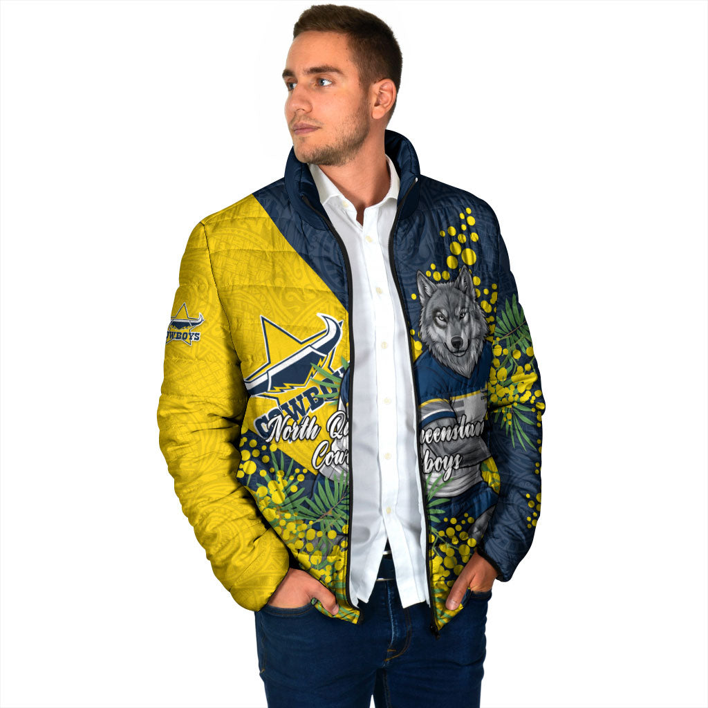 North Queensland Cowboys Padded Jacket Golden Wattle Floral Polynesian - Australian Flower - Rugby Mascot