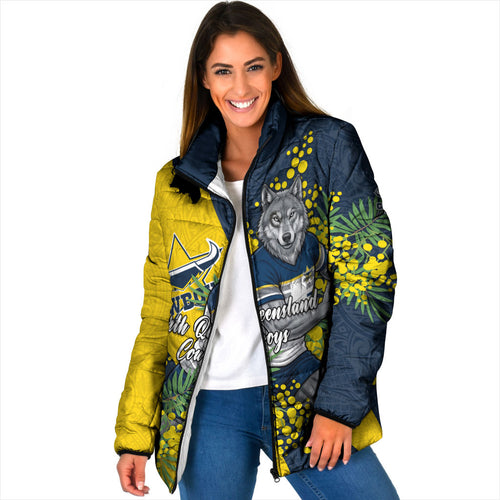 North Queensland Cowboys Padded Jacket Golden Wattle Floral Polynesian - Australian Flower - Rugby Mascot
