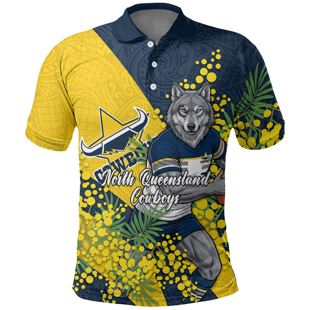 North Queensland Cowboys Polo Shirt Golden Wattle Floral Polynesian - Australian Flower - Rugby Mascot