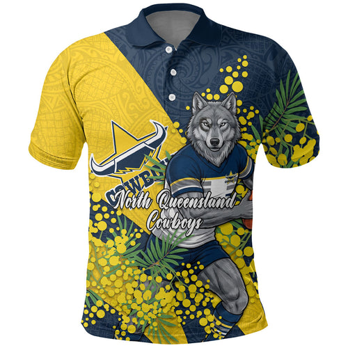 North Queensland Cowboys Polo Shirt Golden Wattle Floral Polynesian - Australian Flower - Rugby Mascot