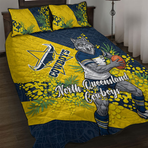 North Queensland Cowboys Quilt Bed Set Golden Wattle Floral Polynesian - Australian Flower - Rugby Mascot
