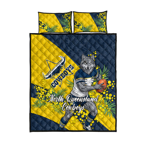 North Queensland Cowboys Quilt Bed Set Golden Wattle Floral Polynesian - Australian Flower - Rugby Mascot