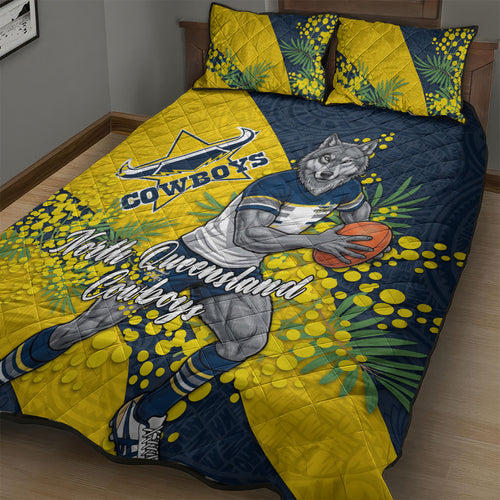 North Queensland Cowboys Quilt Bed Set Golden Wattle Floral Polynesian - Australian Flower - Rugby Mascot