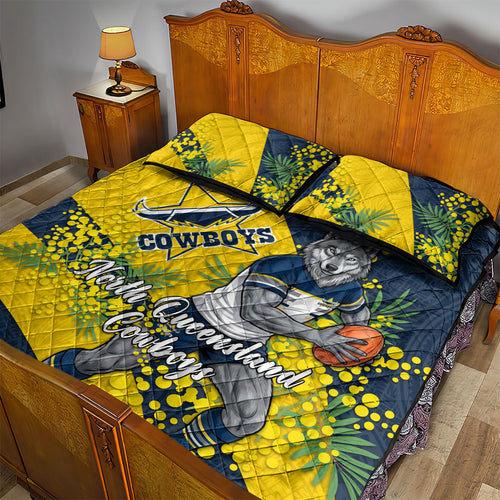 North Queensland Cowboys Quilt Bed Set Golden Wattle Floral Polynesian - Australian Flower - Rugby Mascot
