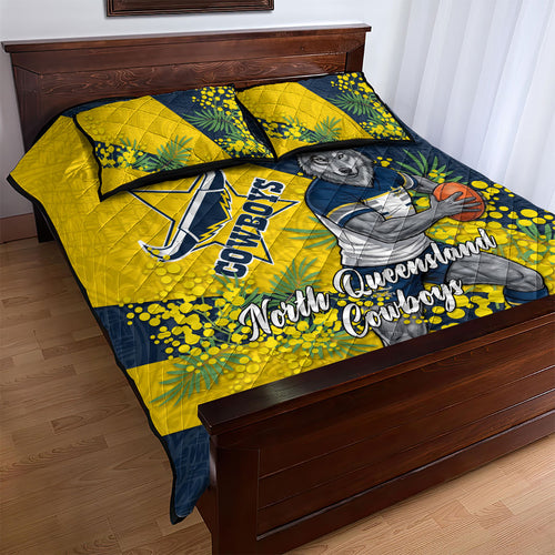 North Queensland Cowboys Quilt Bed Set Golden Wattle Floral Polynesian - Australian Flower - Rugby Mascot