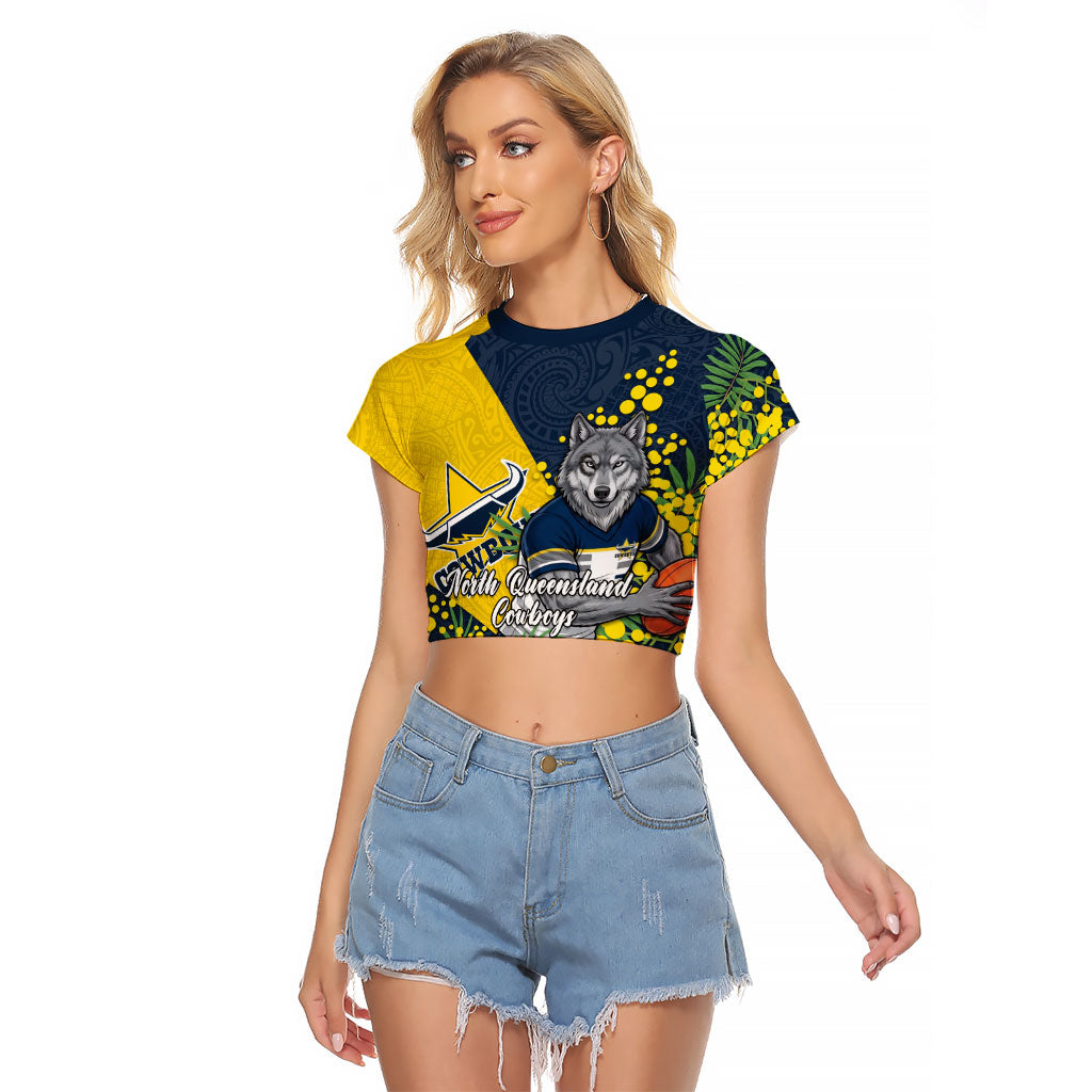 North Queensland Cowboys Raglan Cropped T Shirt Golden Wattle Floral Polynesian - Australian Flower - Rugby Mascot