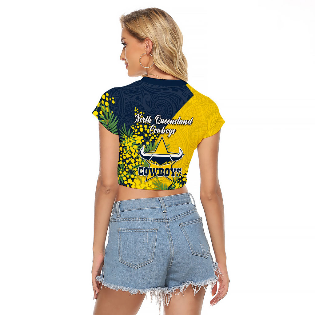 North Queensland Cowboys Raglan Cropped T Shirt Golden Wattle Floral Polynesian - Australian Flower - Rugby Mascot