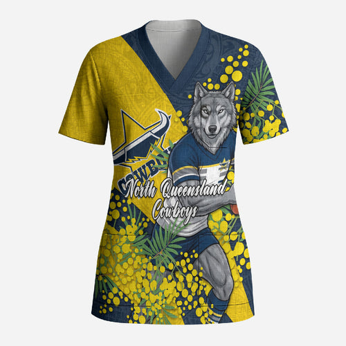 North Queensland Cowboys Scrub Top Golden Wattle Floral Polynesian - Australian Flower - Rugby Mascot