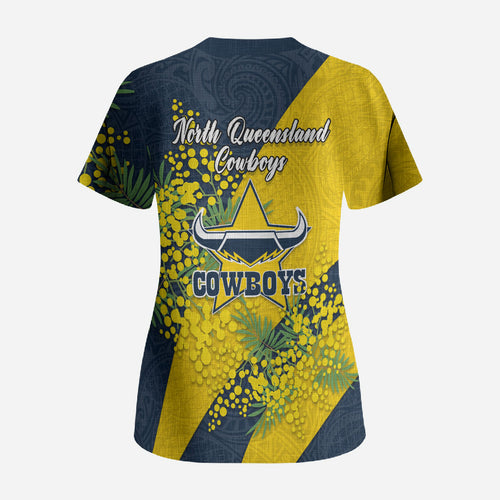 North Queensland Cowboys Scrub Top Golden Wattle Floral Polynesian - Australian Flower - Rugby Mascot