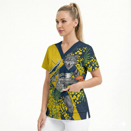 North Queensland Cowboys Scrub Top Golden Wattle Floral Polynesian - Australian Flower - Rugby Mascot