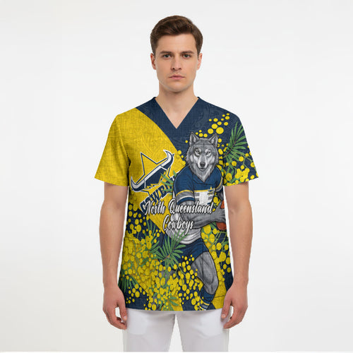 North Queensland Cowboys Scrub Top Golden Wattle Floral Polynesian - Australian Flower - Rugby Mascot
