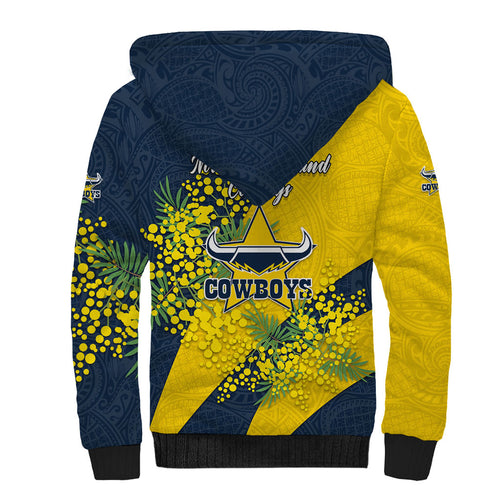 North Queensland Cowboys Sherpa Hoodie Golden Wattle Floral Polynesian - Australian Flower - Rugby Mascot