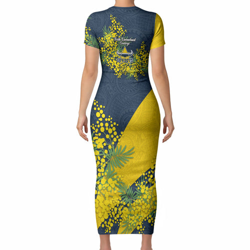 North Queensland Cowboys Short Sleeve Bodycon Dress Golden Wattle Floral Polynesian - Australian Flower - Rugby Mascot