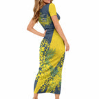 North Queensland Cowboys Short Sleeve Bodycon Dress Golden Wattle Floral Polynesian - Australian Flower - Rugby Mascot