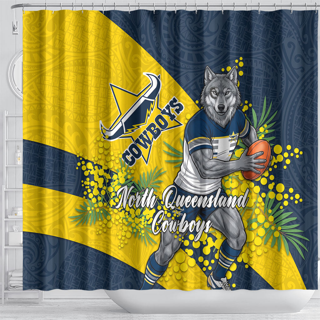 North Queensland Cowboys Shower Curtain Golden Wattle Floral Polynesian - Australian Flower - Rugby Mascot