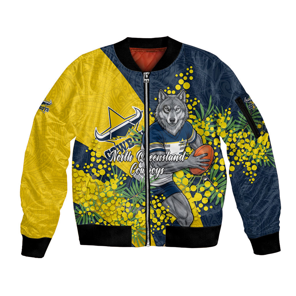 North Queensland Cowboys Sleeve Zip Bomber Jacket Golden Wattle Floral Polynesian - Australian Flower - Rugby Mascot