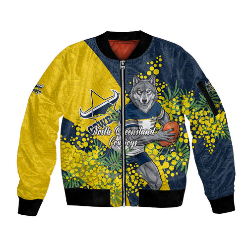 North Queensland Cowboys Sleeve Zip Bomber Jacket Golden Wattle Floral Polynesian - Australian Flower - Rugby Mascot