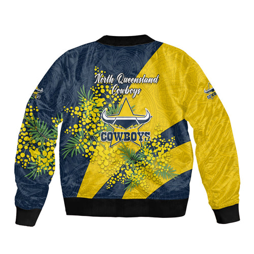 North Queensland Cowboys Sleeve Zip Bomber Jacket Golden Wattle Floral Polynesian - Australian Flower - Rugby Mascot