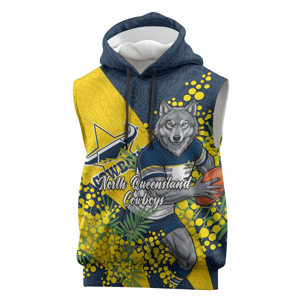 North Queensland Cowboys Sleeveless Hoodie Golden Wattle Floral Polynesian - Australian Flower - Rugby Mascot