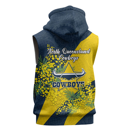 North Queensland Cowboys Sleeveless Hoodie Golden Wattle Floral Polynesian - Australian Flower - Rugby Mascot