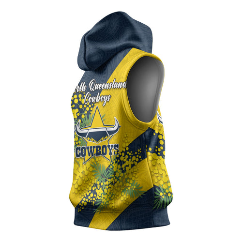 North Queensland Cowboys Sleeveless Hoodie Golden Wattle Floral Polynesian - Australian Flower - Rugby Mascot