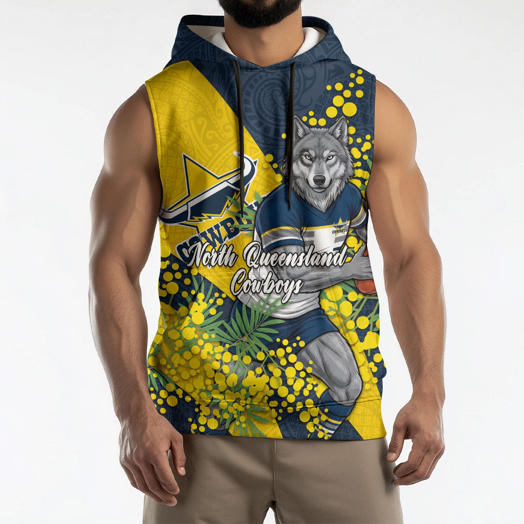 North Queensland Cowboys Sleeveless Hoodie Golden Wattle Floral Polynesian - Australian Flower - Rugby Mascot