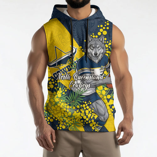 North Queensland Cowboys Sleeveless Hoodie Golden Wattle Floral Polynesian - Australian Flower - Rugby Mascot