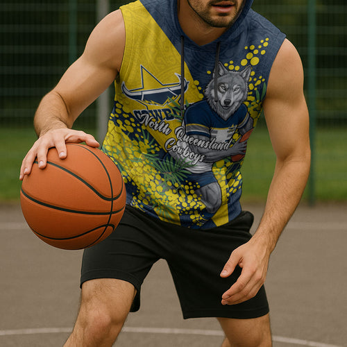 North Queensland Cowboys Sleeveless Hoodie Golden Wattle Floral Polynesian - Australian Flower - Rugby Mascot