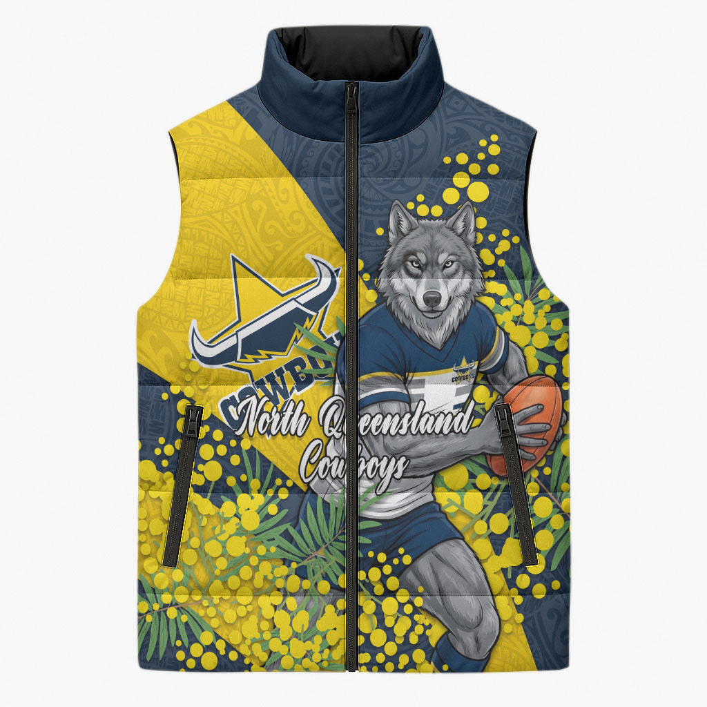 North Queensland Cowboys Sleeveless Puffer Jacket Golden Wattle Floral Polynesian - Australian Flower - Rugby Mascot