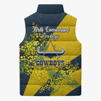 North Queensland Cowboys Sleeveless Puffer Jacket Golden Wattle Floral Polynesian - Australian Flower - Rugby Mascot