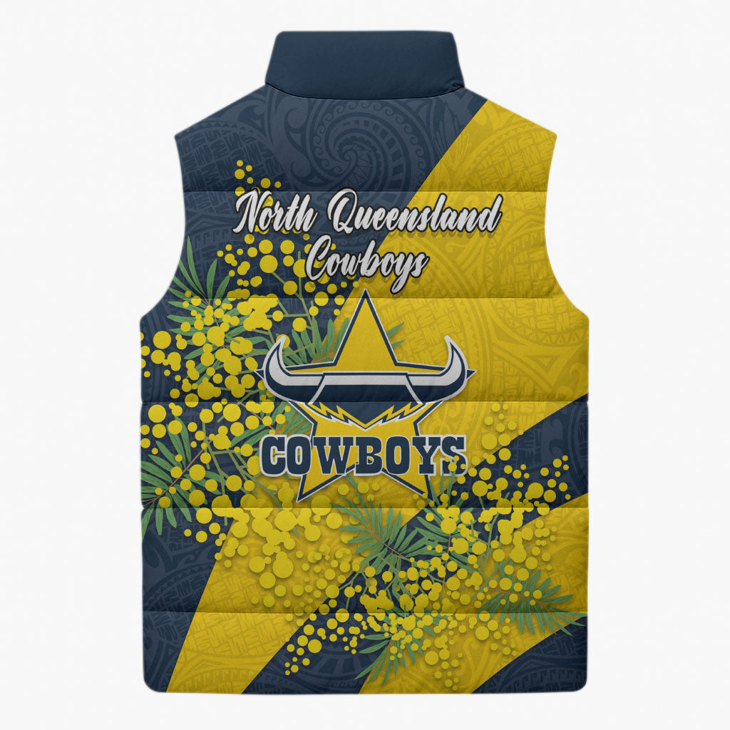 North Queensland Cowboys Sleeveless Puffer Jacket Golden Wattle Floral Polynesian - Australian Flower - Rugby Mascot