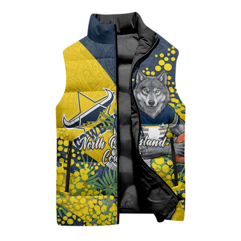 North Queensland Cowboys Sleeveless Puffer Jacket Golden Wattle Floral Polynesian - Australian Flower - Rugby Mascot