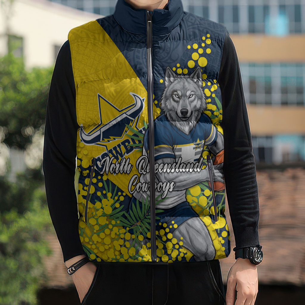 North Queensland Cowboys Sleeveless Puffer Jacket Golden Wattle Floral Polynesian - Australian Flower - Rugby Mascot