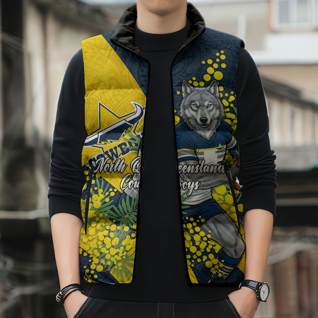 North Queensland Cowboys Sleeveless Puffer Jacket Golden Wattle Floral Polynesian - Australian Flower - Rugby Mascot