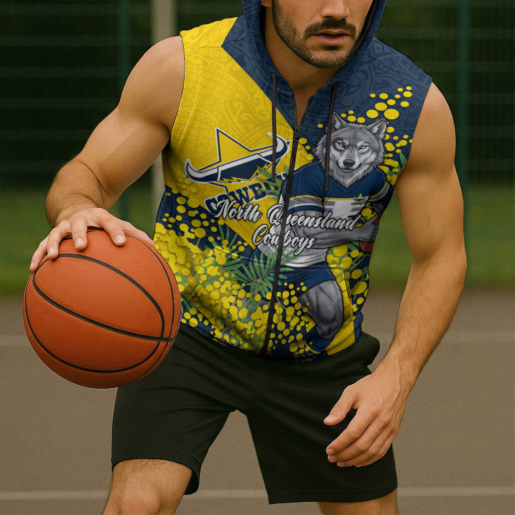 North Queensland Cowboys Sleeveless Zip Hoodie Golden Wattle Floral Polynesian - Australian Flower - Rugby Mascot