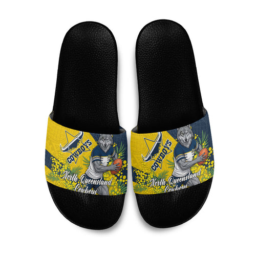 North Queensland Cowboys Slide Sandals Golden Wattle Floral Polynesian - Australian Flower - Rugby Mascot