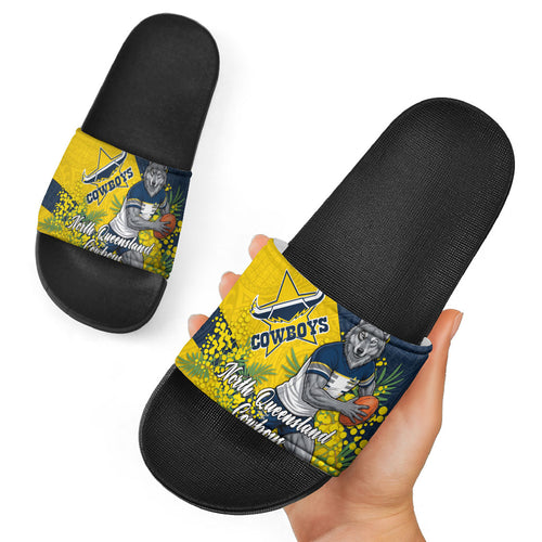 North Queensland Cowboys Slide Sandals Golden Wattle Floral Polynesian - Australian Flower - Rugby Mascot