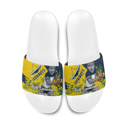 North Queensland Cowboys Slide Sandals Golden Wattle Floral Polynesian - Australian Flower - Rugby Mascot