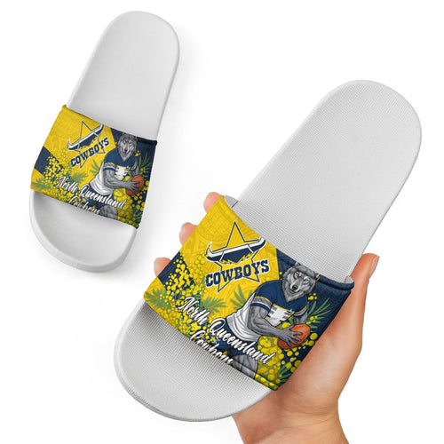 North Queensland Cowboys Slide Sandals Golden Wattle Floral Polynesian - Australian Flower - Rugby Mascot