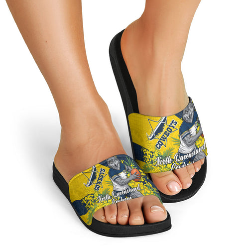 North Queensland Cowboys Slide Sandals Golden Wattle Floral Polynesian - Australian Flower - Rugby Mascot