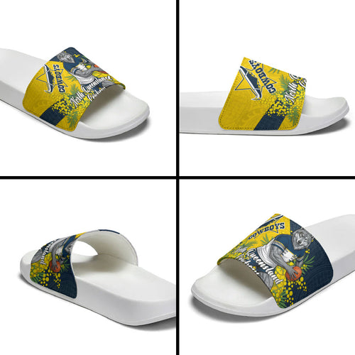 North Queensland Cowboys Slide Sandals Golden Wattle Floral Polynesian - Australian Flower - Rugby Mascot