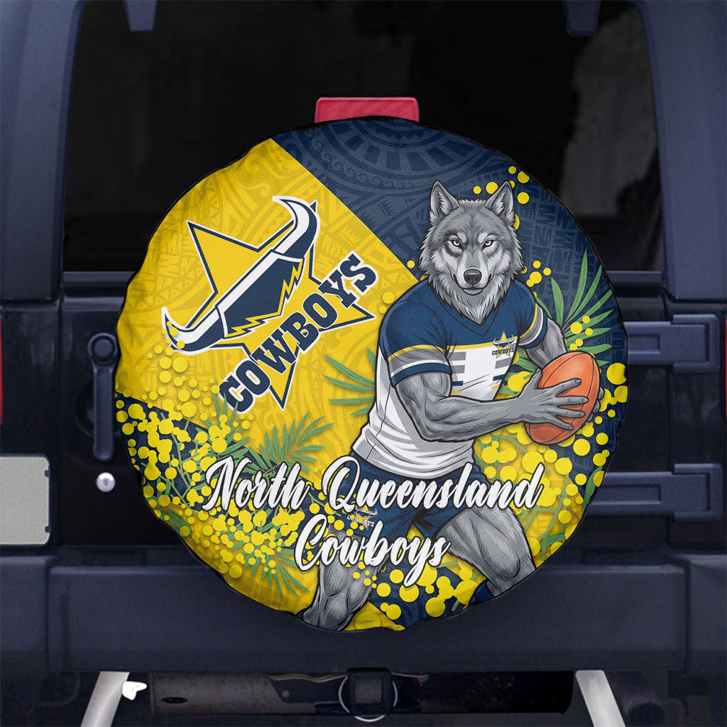 North Queensland Cowboys Spare Tire Cover Golden Wattle Floral Polynesian - Australian Flower - Rugby Mascot