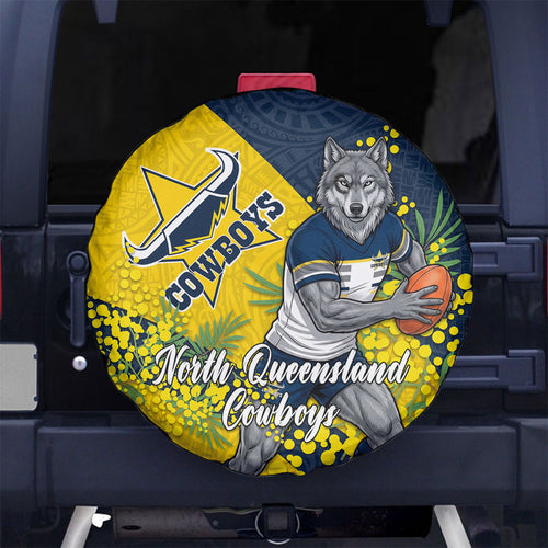 North Queensland Cowboys Spare Tire Cover Golden Wattle Floral Polynesian - Australian Flower - Rugby Mascot