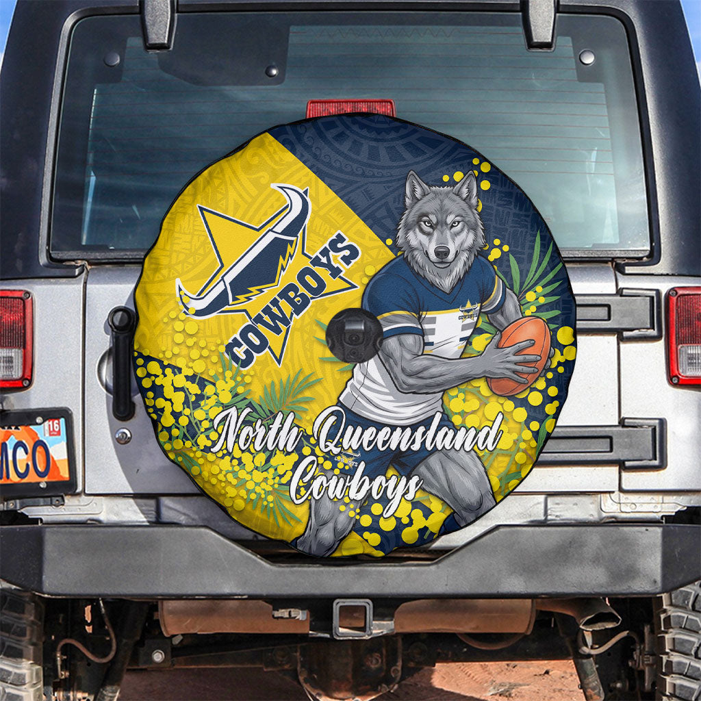 North Queensland Cowboys Spare Tire Cover Golden Wattle Floral Polynesian - Australian Flower - Rugby Mascot